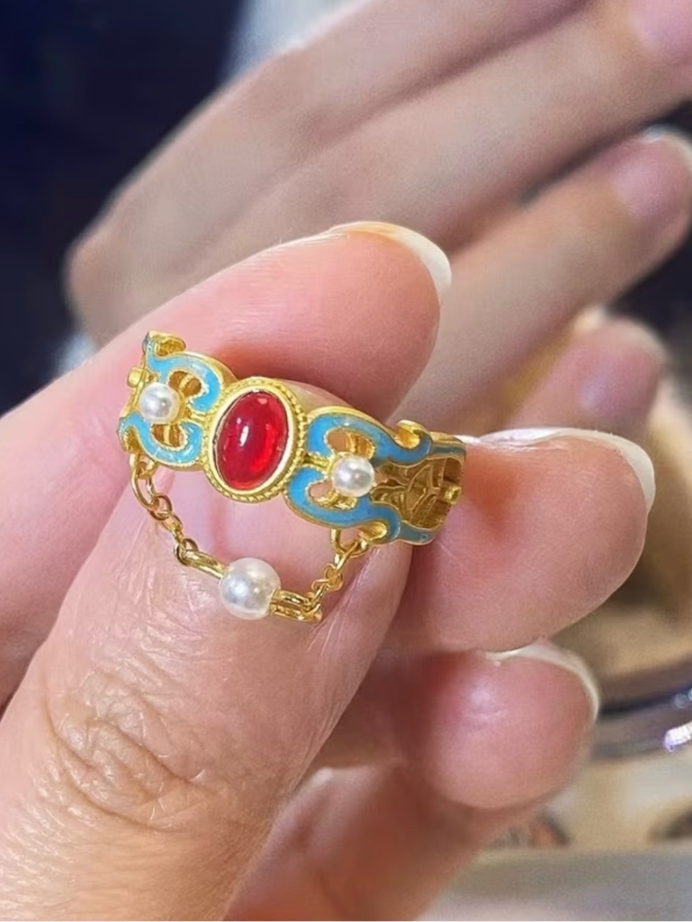 NEW! Adjustable Gold Red & Turquoise Pearl Chain Ring. Vintage Style 💍 A6-214